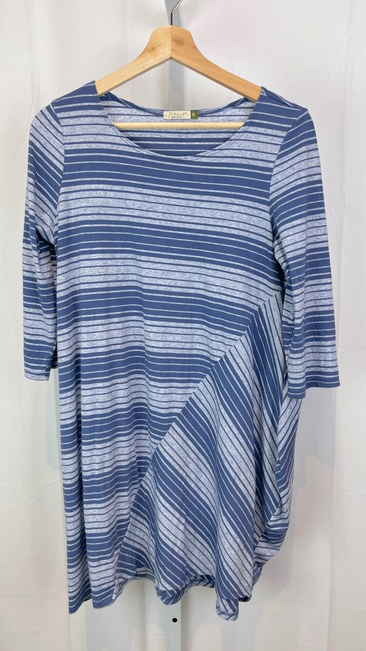 CHALET Asymmetric Striped Knit Tunic Top 3/4 Half Sleeve Cotton Bamboo Blue S